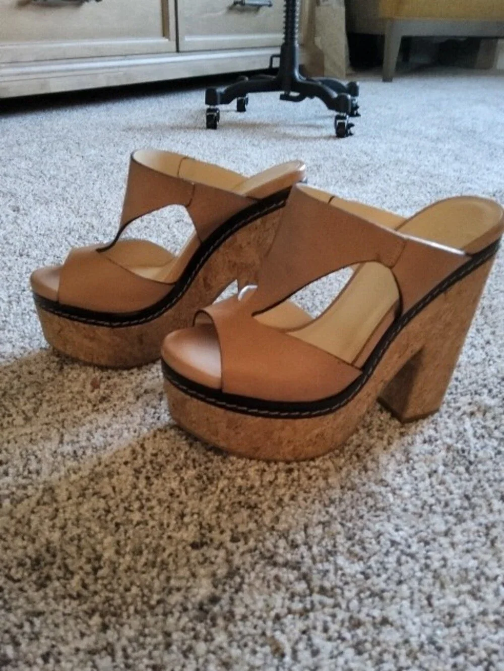 Jimmy Choo Tan Leather Cork Platform Mules